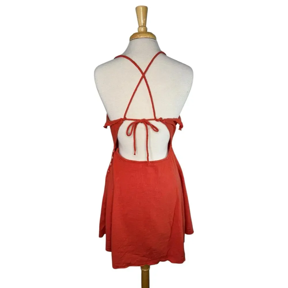 FREE PEOPLE Orange More Than Gauze Cotton Tie-Back Halter Mini Dress Size Large